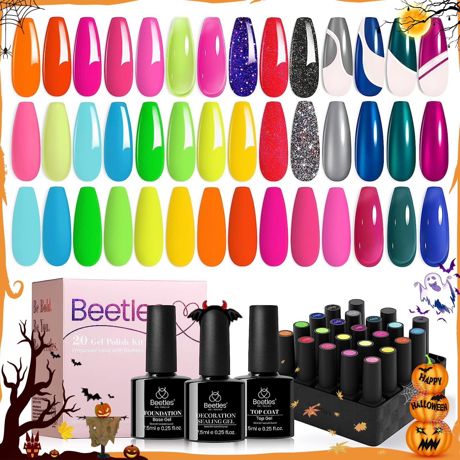 beetles Gel Polish20 Colors Art Kit with 3Pcs Base Glossy Top Coat and Nail Glue 4Pcs Mirror Effect Metal Jelly for Diy Spring Summer Manicure Nails Glitter Girls Women, Pack of 1
