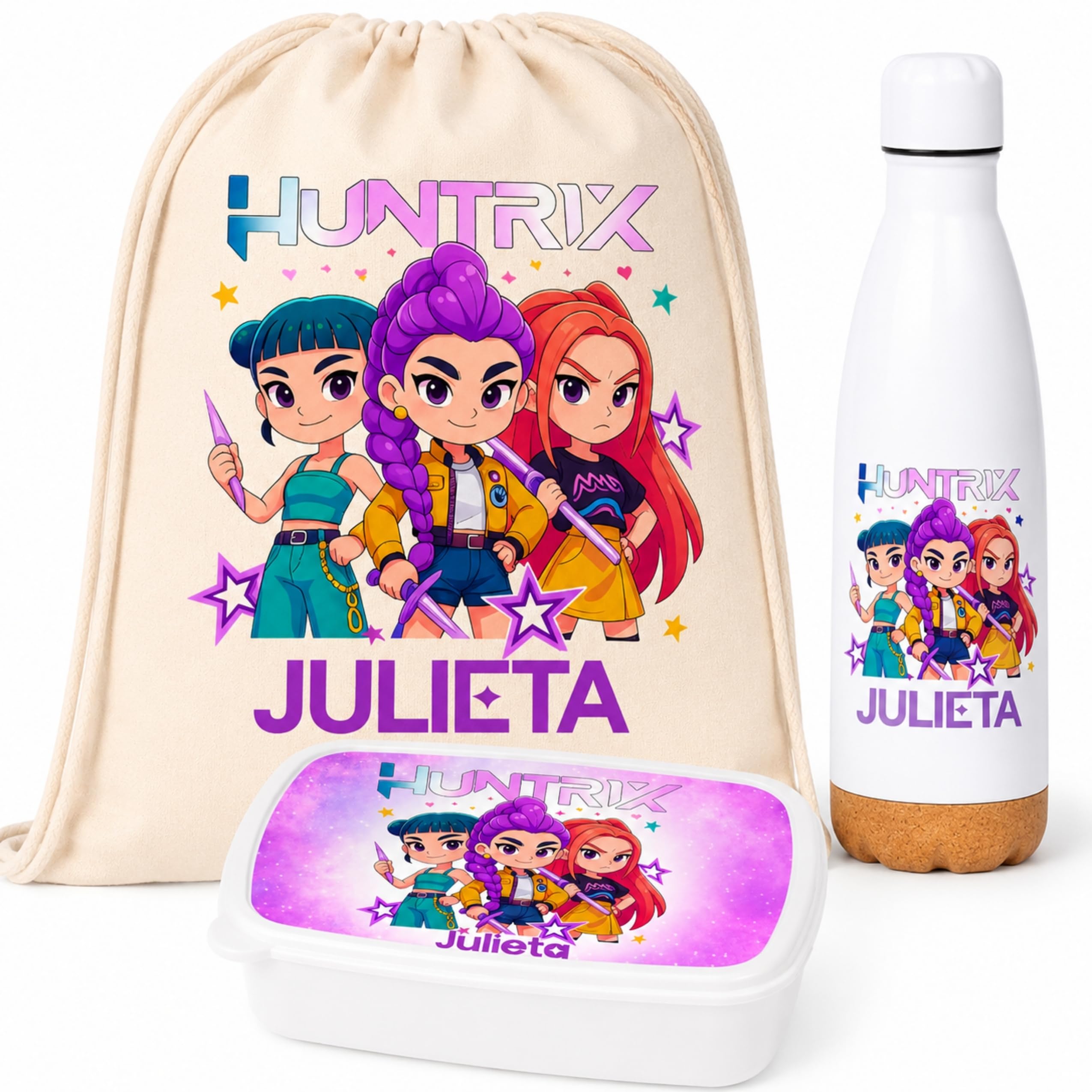 Gifters | Pack Mochila Cuerdas, Táper y Botella Personalizados con Nombre | Bolsa Tela 34 x 42 cm + Fiambrera + Botella Acero Inoxidable 750 ml | Guardería, Colegio, Excursiones y Educación Infantil