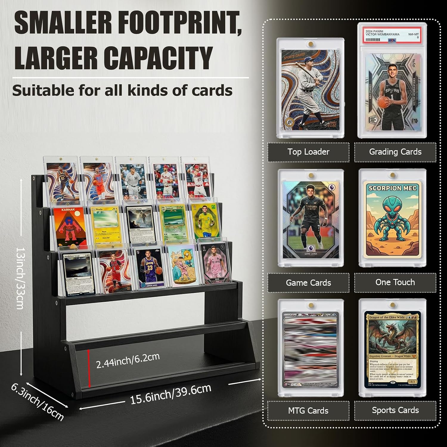 2 Pack 5 Tier Wooden Card Display Stand – Vertical Card Holder Display for Trading Cards, Game Cards, Sports Cards, Graded PSA/BGS/SGC, Baseball, Basketball&Football(Soccer) Card Stand, Desk & Shelf Organize,Black