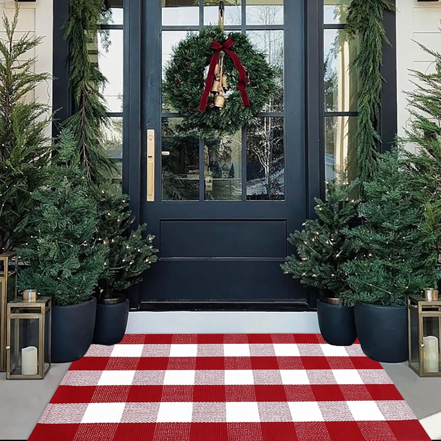 Christmas Door Mat Outdoor 27.5"x43" Buffalo Plaid Christmas Decor Rug Cotton Hand-Woven Layered Door Mats Washable Carpet for Front Porch, Kitchen, Farmhouse, Entryway 2'4" x 3'7" (Rectangular) Red and White Plaid