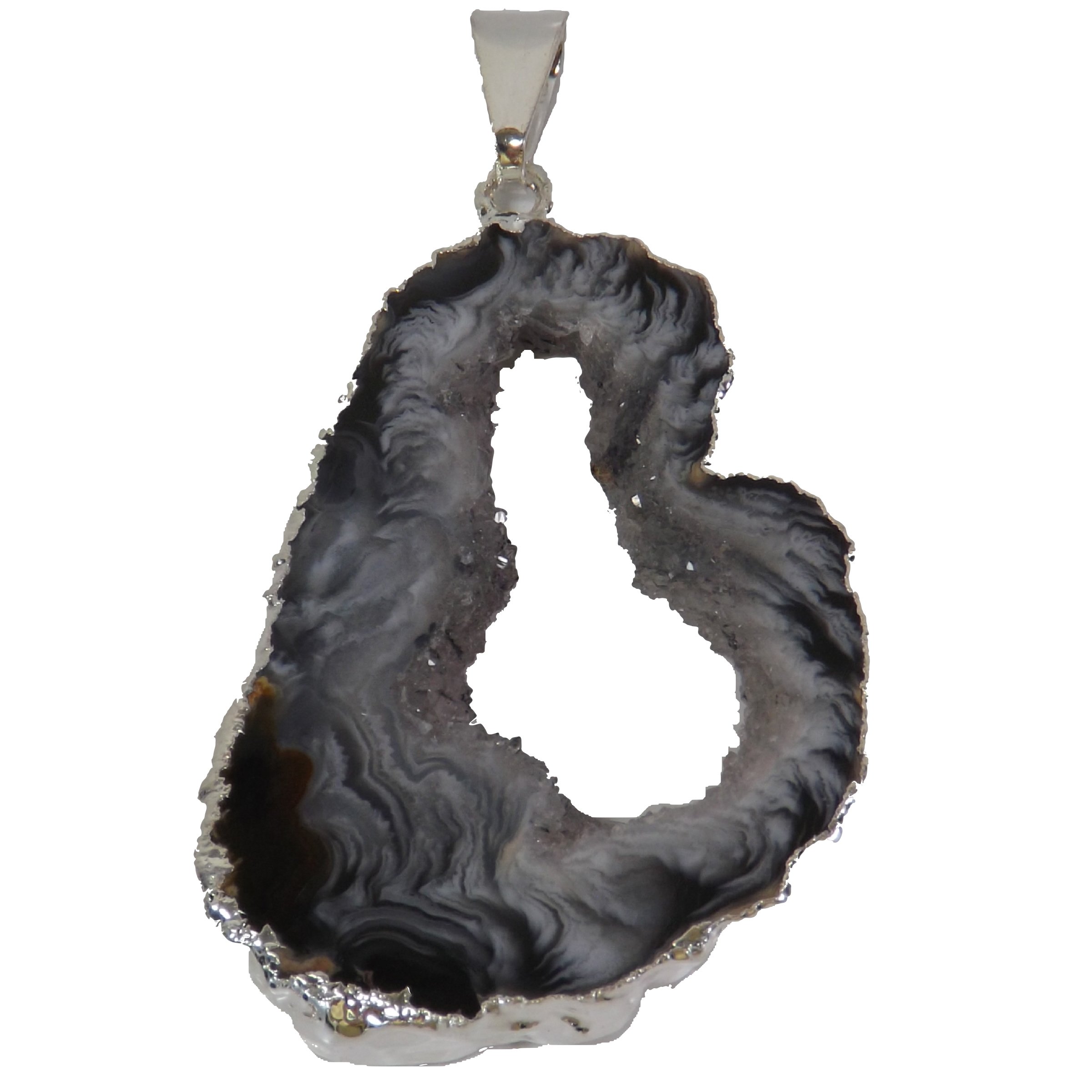 Agate Pendant Jewelry, Geode Slice, a Unique Polished Natural Stone from Brazil, Silver-Electroplate Setting with a Center of Druzy Crystals