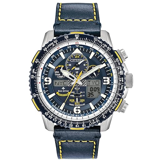 Citizen Relógio masculino Eco-Drive Promaster Air Skyhawk Atomic Time Keeping Pilot em aço inoxidável com pulseira de couro azul, mostrador azul (modelo: JY8078-01L), Dois tons, Cronógrafo, digital