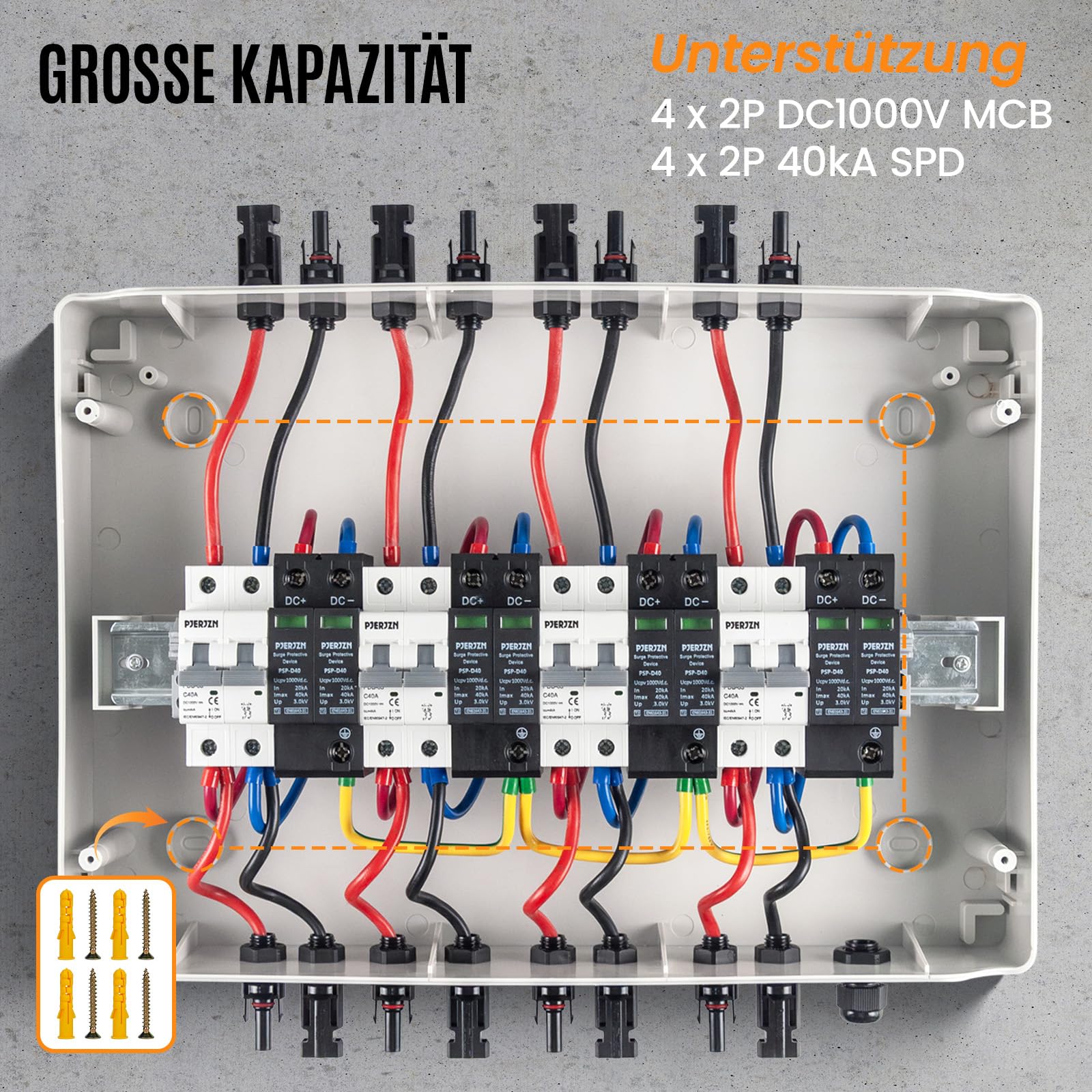 Solar Kombigerät (1-in-1-Out/2-in-2-Out/4-in-4-Out) mit 1000V DC 40A LS-Schalter & 20-40KA SPD, IP65 Wasserdichtes Gehäuse (PC+ABS) für Wohnmobile/Dach/Inselanlagen (4-in-4-Out)