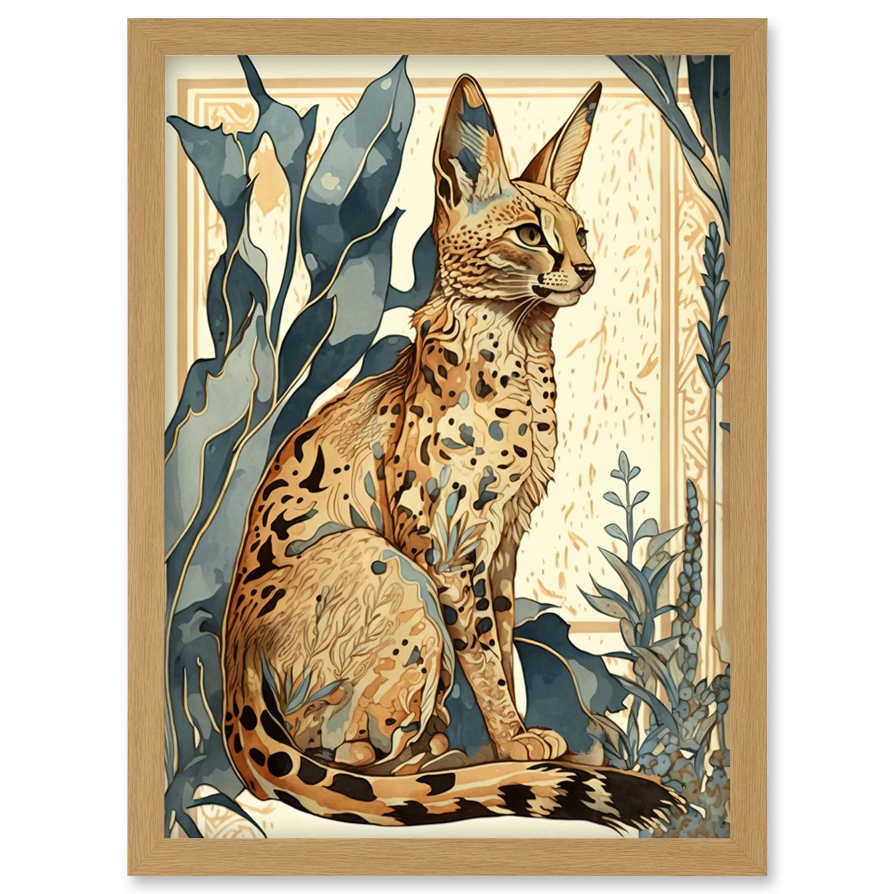 Artery8 Serval Cat with Teal Plants Watercolour Portrait Modern Illustration Artwork Framed Wall Art Print A4