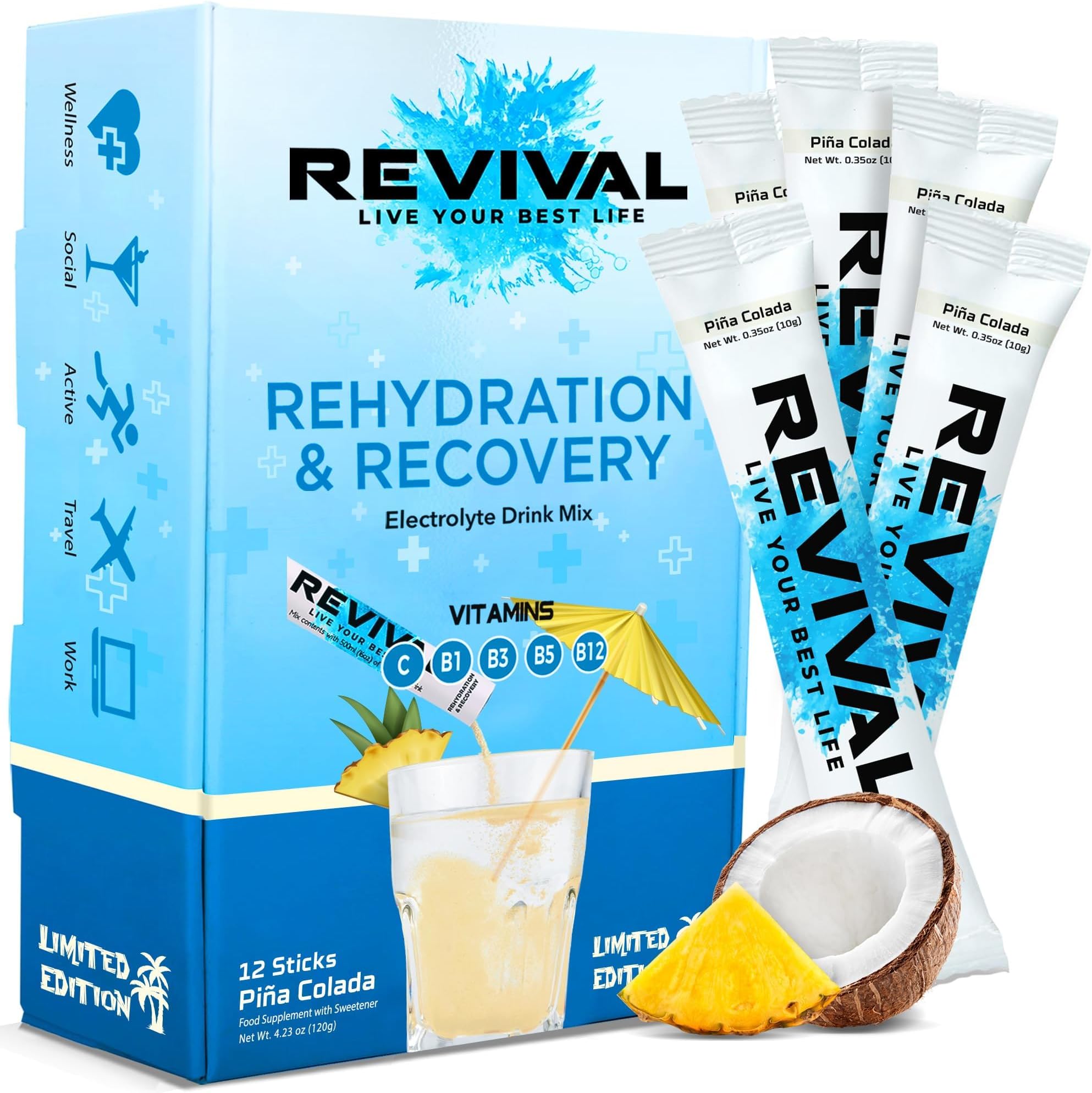 Revival Rapid Rehydration, Electrolytes Powder - High Strength Vitamin C, B1, B3, B5, B12 Supplement Sachet Drink, Effervescent Electrolyte Hydration Tablets - 12 Pack Pina