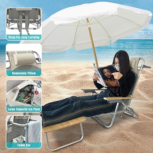 Miniatura 5 de Silla de playa plegable de aluminio de 5 posiciones con mesa de camping Samll, silla de salón plana de bambú para exteriores para adultos con bolsa