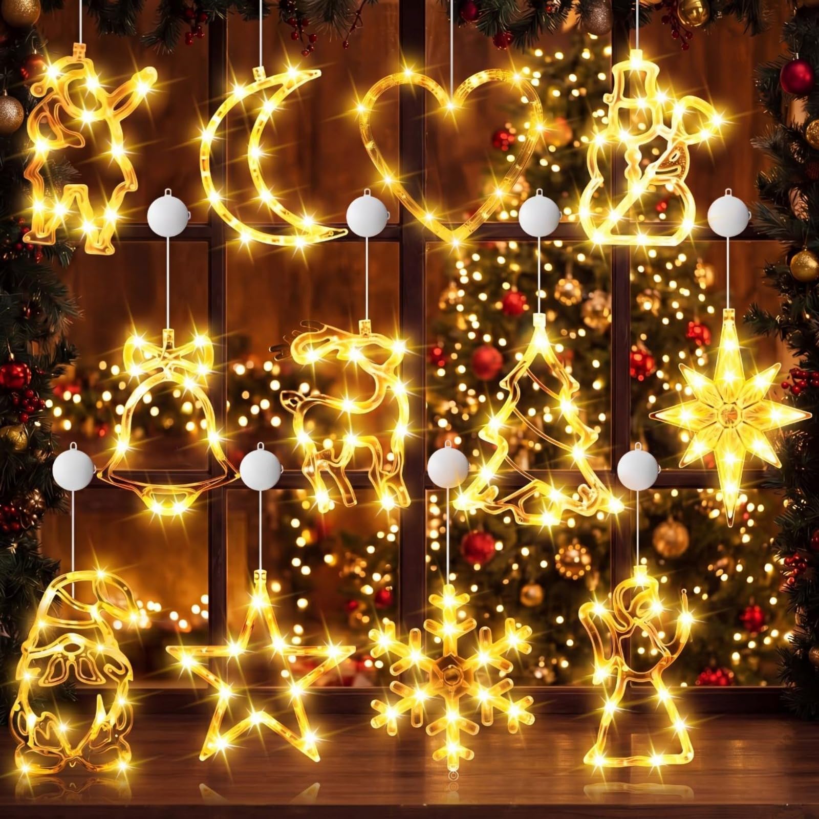 Tujoe 12 Stück Weihnachts-Fensterlichter, Dekorationen, beleuchtete Fenster-Silhouetten-Lichter mit Timer, Saugnapf, batteriebetrieben für Weihnachten, Neujahr, Zuhause, Wand, Kamin, Party-Dekoration