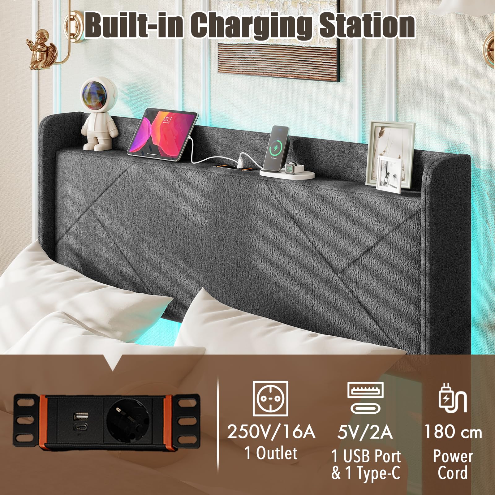 GIANTEX Lit 160 x 200 cm pour 2 Personnes, Éclairage LED, Tête de Lit Rembourré avec Prise, Station de Charge, Sommiers à Lattes, 4 Tiroirs Pliables avec roulettes, 2 Poches Latérales, Charge 500 kg