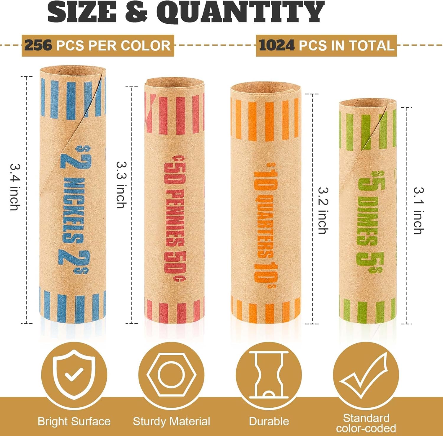 Outus 1024 Pcs Coin Wrappers Preformed Assorted Heavy Duty Coin Rolls Wrappers Includes Quarters, Pennies, Nickels and Dimes (4 Style,Colorful)