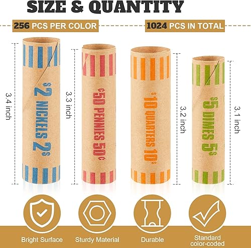 Miniatura 2 de Outus 1024 rollos surtidos para envoltorios de monedas a granel, rollos de papel, rollos de papel, incluye cuartos, centavos y monedas de diez