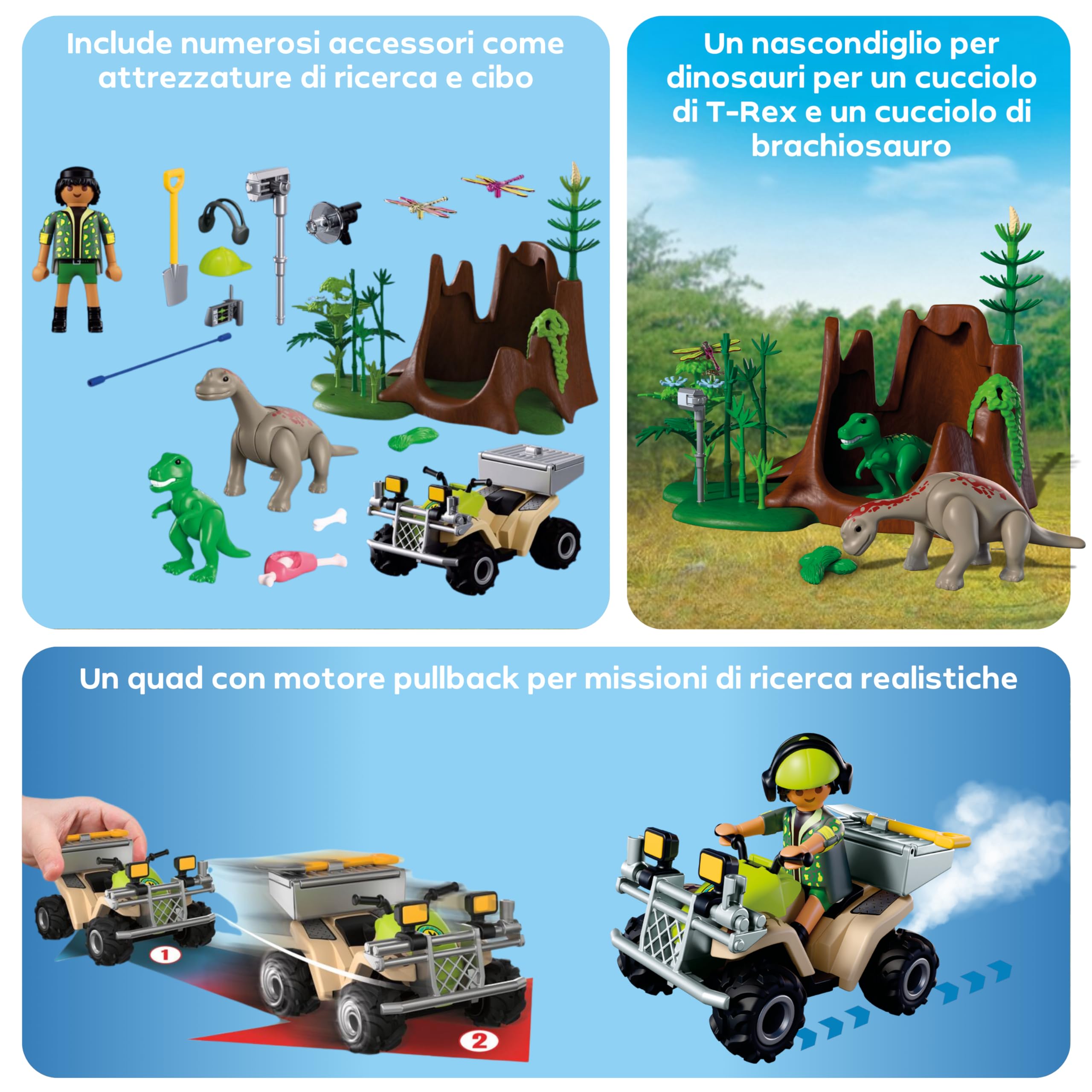 PLAYMOBIL | Dinos | Dinosauri Hideout | Dino Explorer con Quad, Baby T-Rex e Baby Brachiosaurus | Giocattolo per bambini dai 4 anni in su | 72069