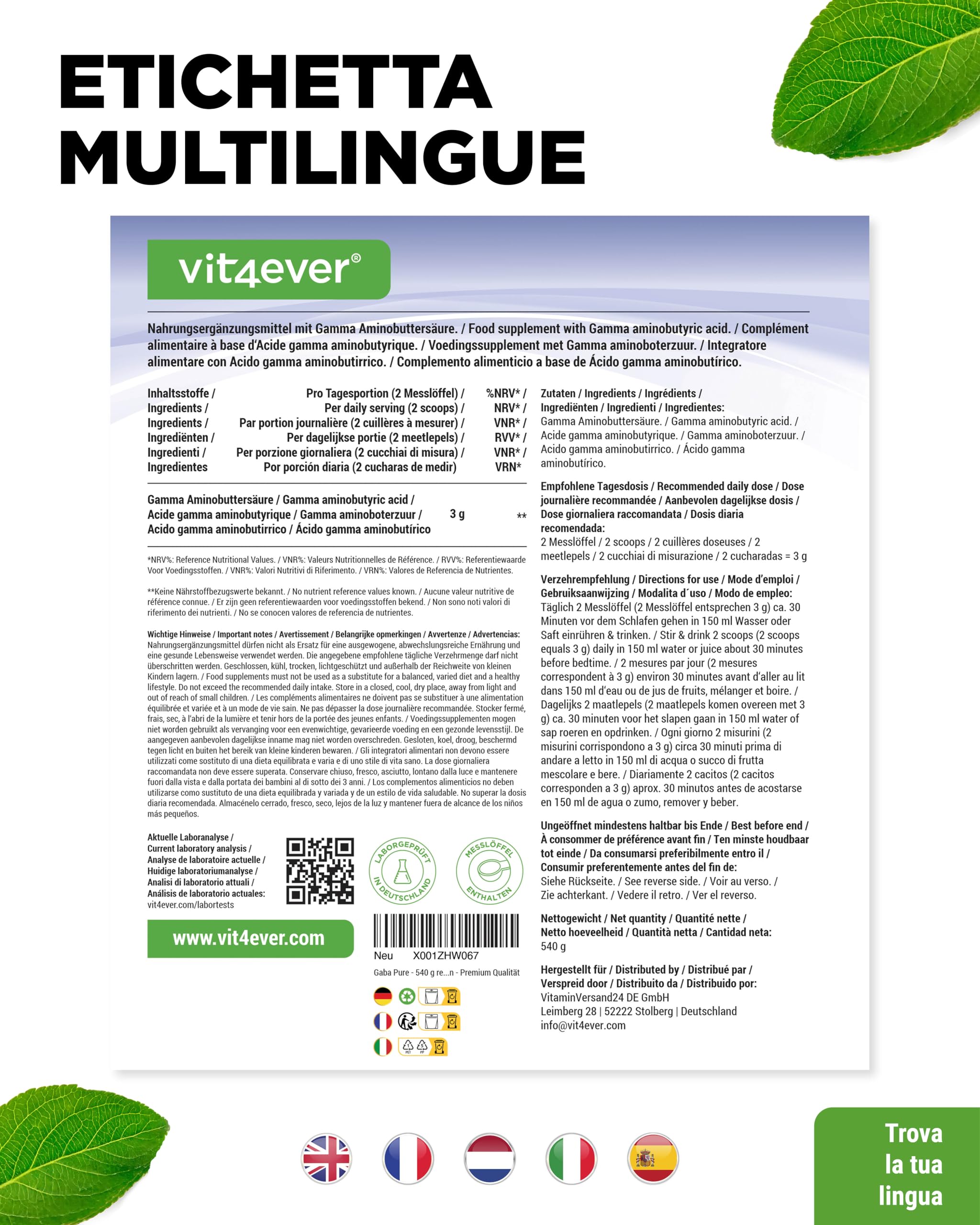 Gaba Pure - 540 g di polvere pura senza additivi - 100% acido gamma-aminobutirrico - 180 porzioni - vegano - qualità premium