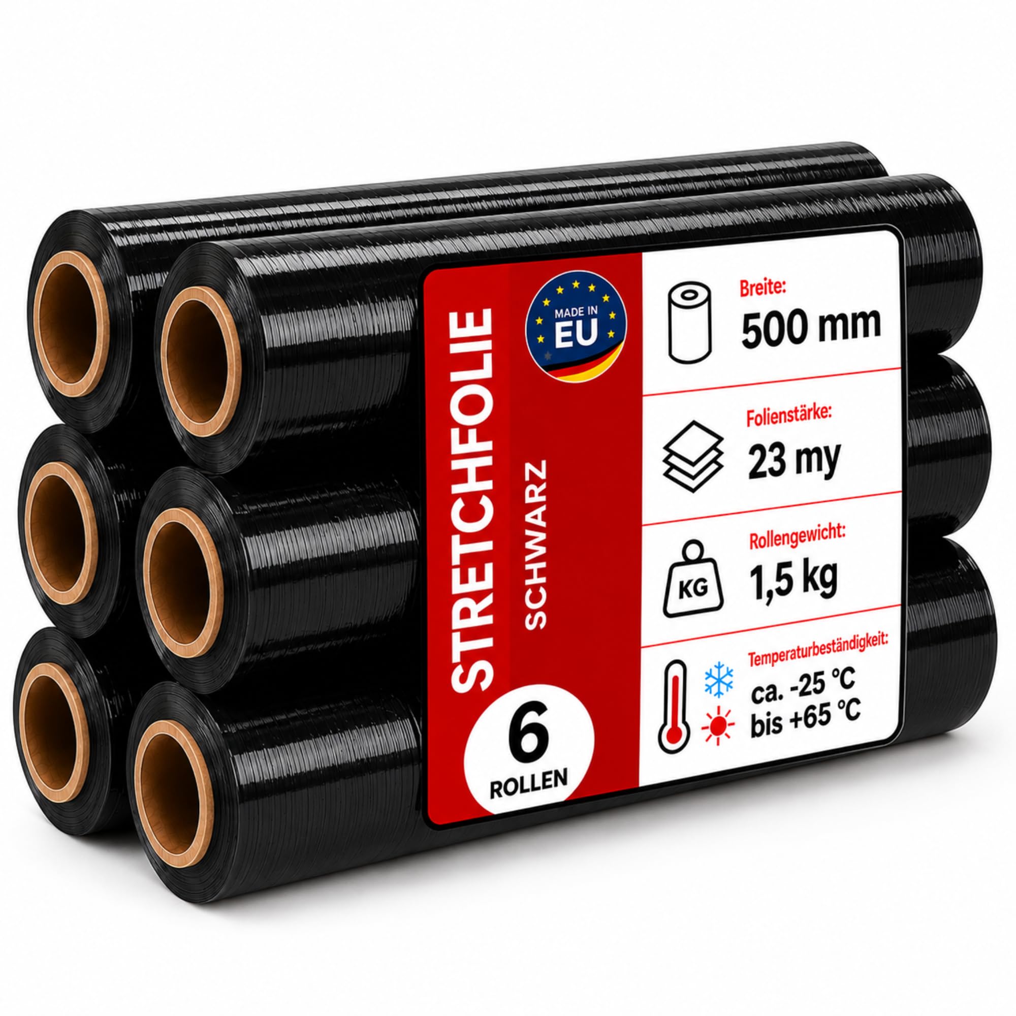 Stretchfolie Schwarz – 6 Rollen Wickelfolie zu je 1,5 kg 500 mm 23 my