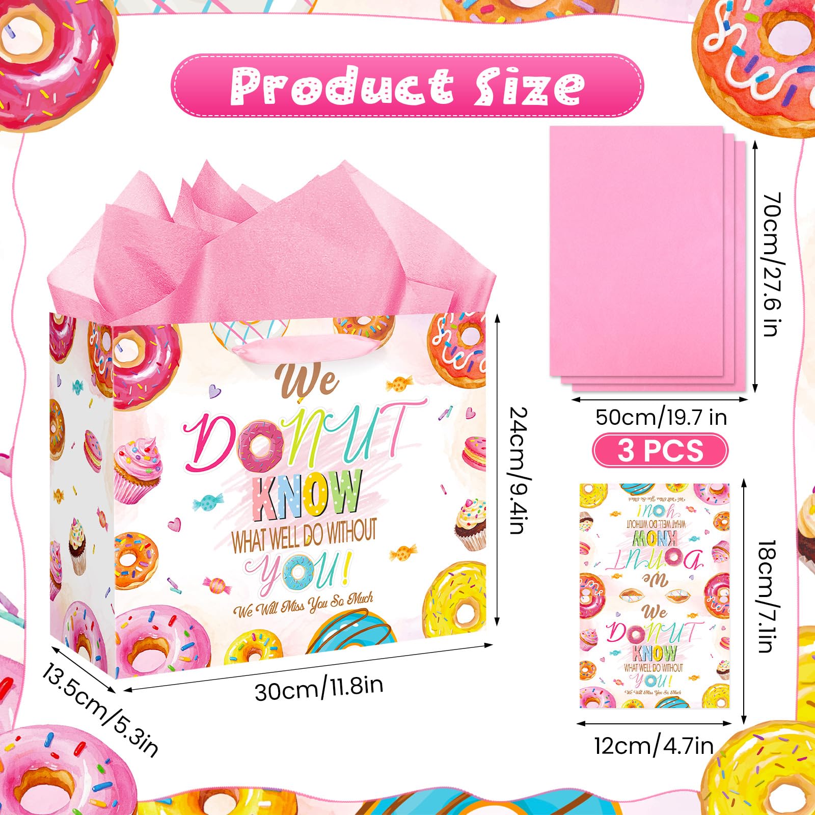 Donut Retirement Gift Bag Pink Retirement Wrap Bag with Tissue Paper Greeting Card Retirement Moving Away Goodbye Party Favors for Women Coworker Friends Farewell Going Away Graduation Party Supplies