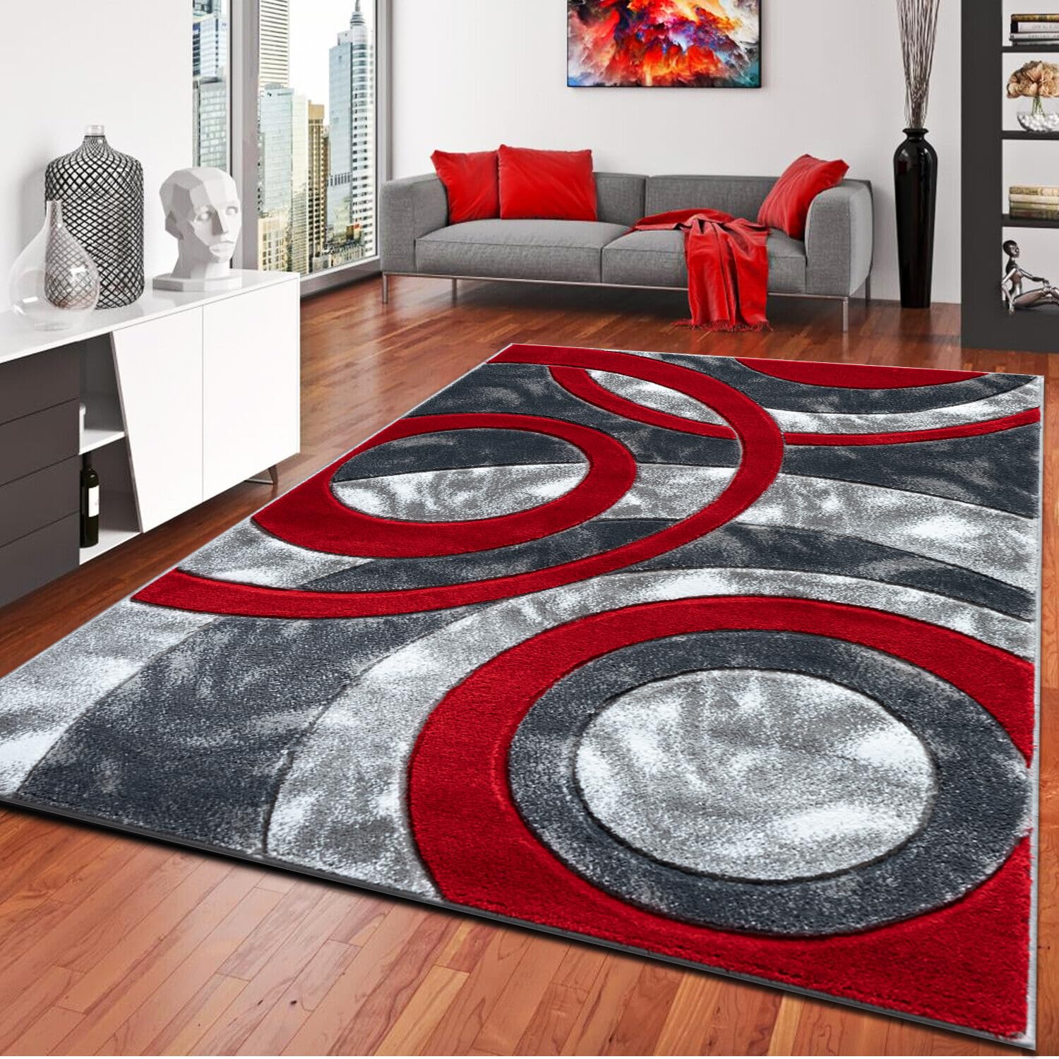 Living Room Rugs Large- Luxury Classical Circle Design Dense Pile Carpet Runner for Hallway Non Slip Washable Area Rug Kitchen Floor Red - 120 x 170 cm