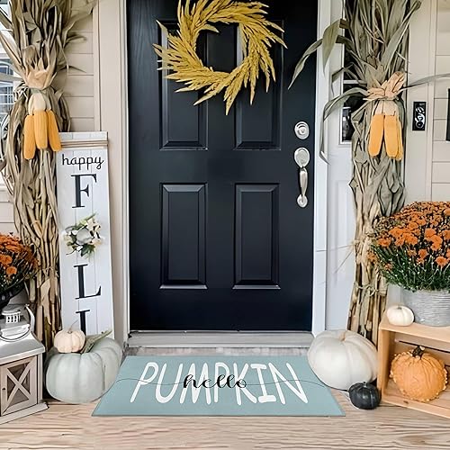 Miniatura 8 de Felpudo decorativo de calabaza azul de 30 x 17 pulgadas, tapete de calabaza otoñal para interiores y exteriores, tapete antideslizante para