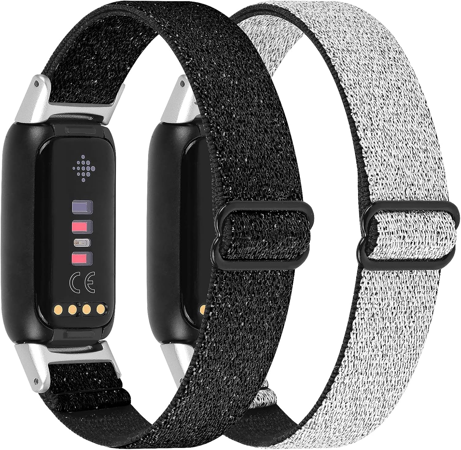OCEBEEC 2 Pack Elastic Bands Compatible with Fitbit Luxe, Adjustable Stretchy Nylon Sport Wristband Replacement for Fitbit Luxe Fitness and Wellness Tracker Women Men(Shining Black+Shining Silver)