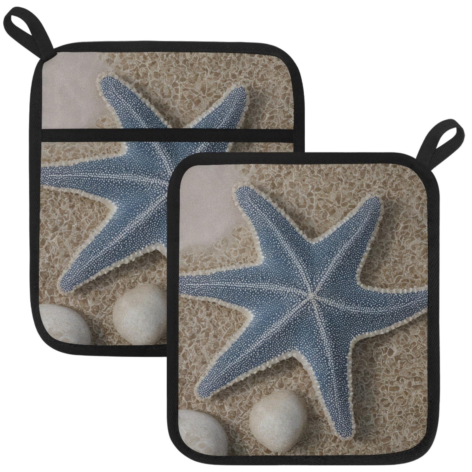 VAPOKF Starfish Pot Holders with Pocket for Kitchen Heat Resistant Potholders Large Polyester-Cotton Square Oven Mitts Set