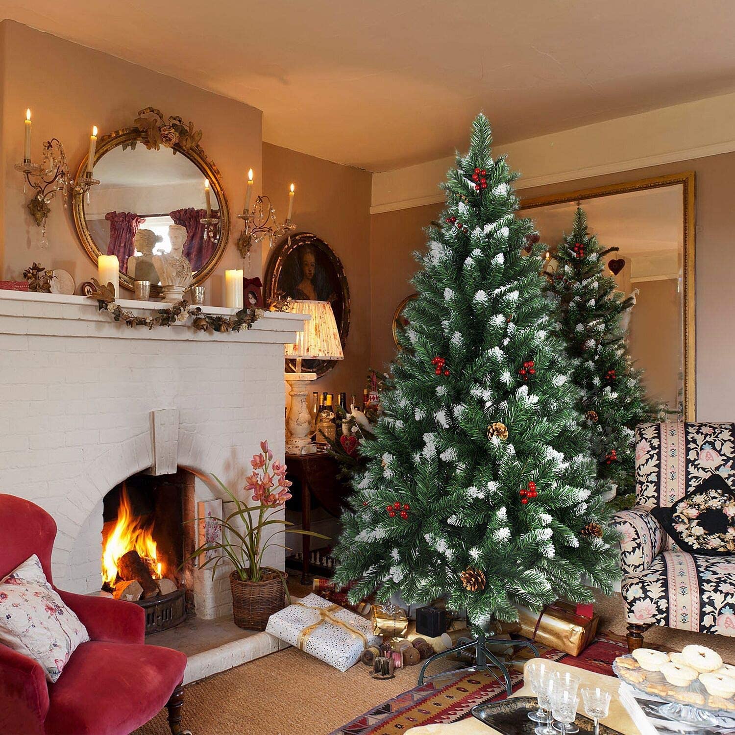 Árbol de Navidad Nevado con Acebo y Piñas 120CM - 150CM - 180CM - 210CM Árbol de Navidad predecoradas para el hogar, Dormitorio, Comedor (180CM)