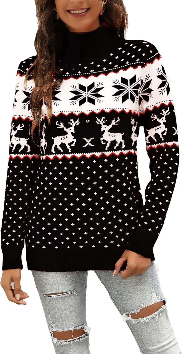 LYHNMW Women's Ugly Christmas Sweaters Snowflake Reindeer Long Sleeve Holiday Knit Xmas Sweater Pullover Tops