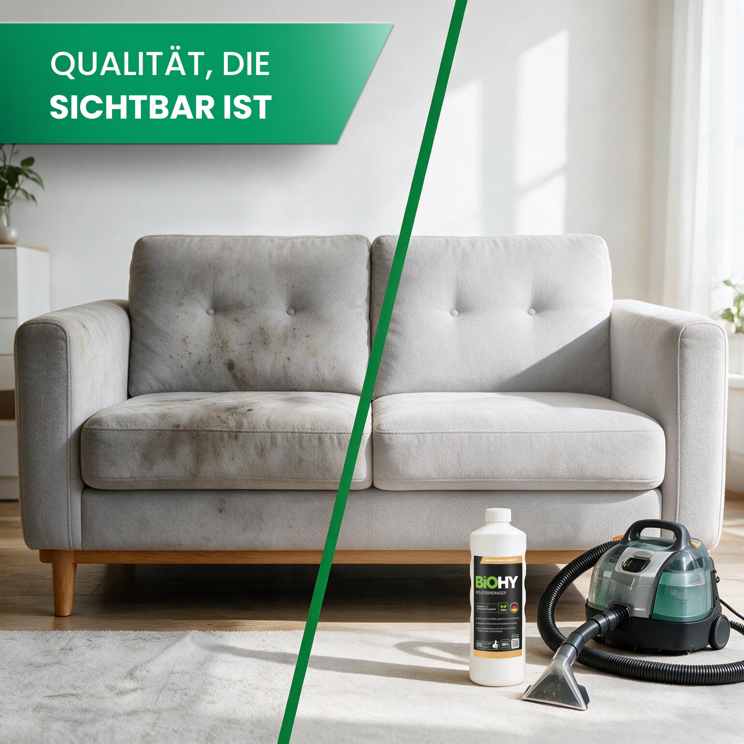 BiOHY środek do czyszczenia tapicerki (9 x butelka 1l) + dozownik | Idealny do sof, tapicerki, dywanów i tekstyliów | Nadaje się również do odkurzaczy | Usuwa wszelkie plamy (Polsterreiniger)