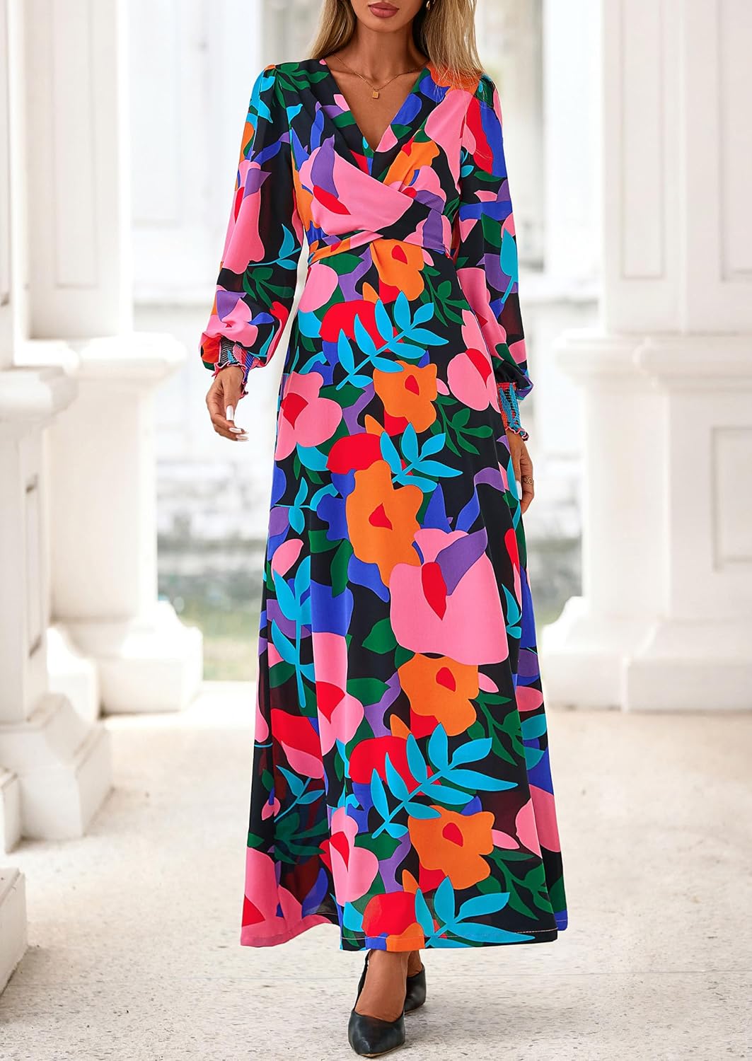 PRETTYGARDEN Women's 2026 Spring Wedding Guest Dresses Floral Long Sleeve V Neck Belted Long Flowy Boho Maxi Dress - Image 3