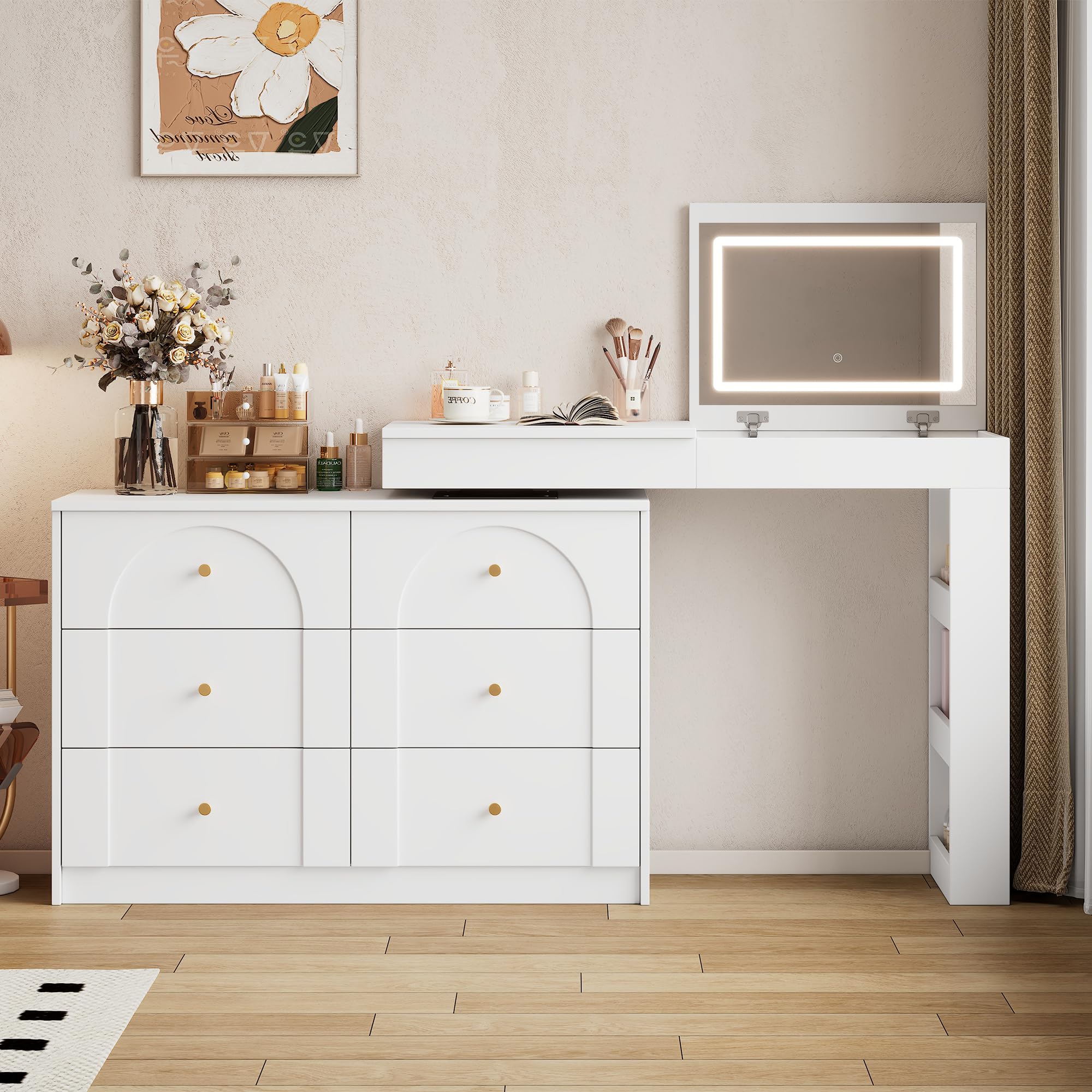 BTM Modern Corner Vanity Desk with LED Flip Mirror, 7 Drawers White Bedroom Dressing Table/Makeup Desk/Study Table