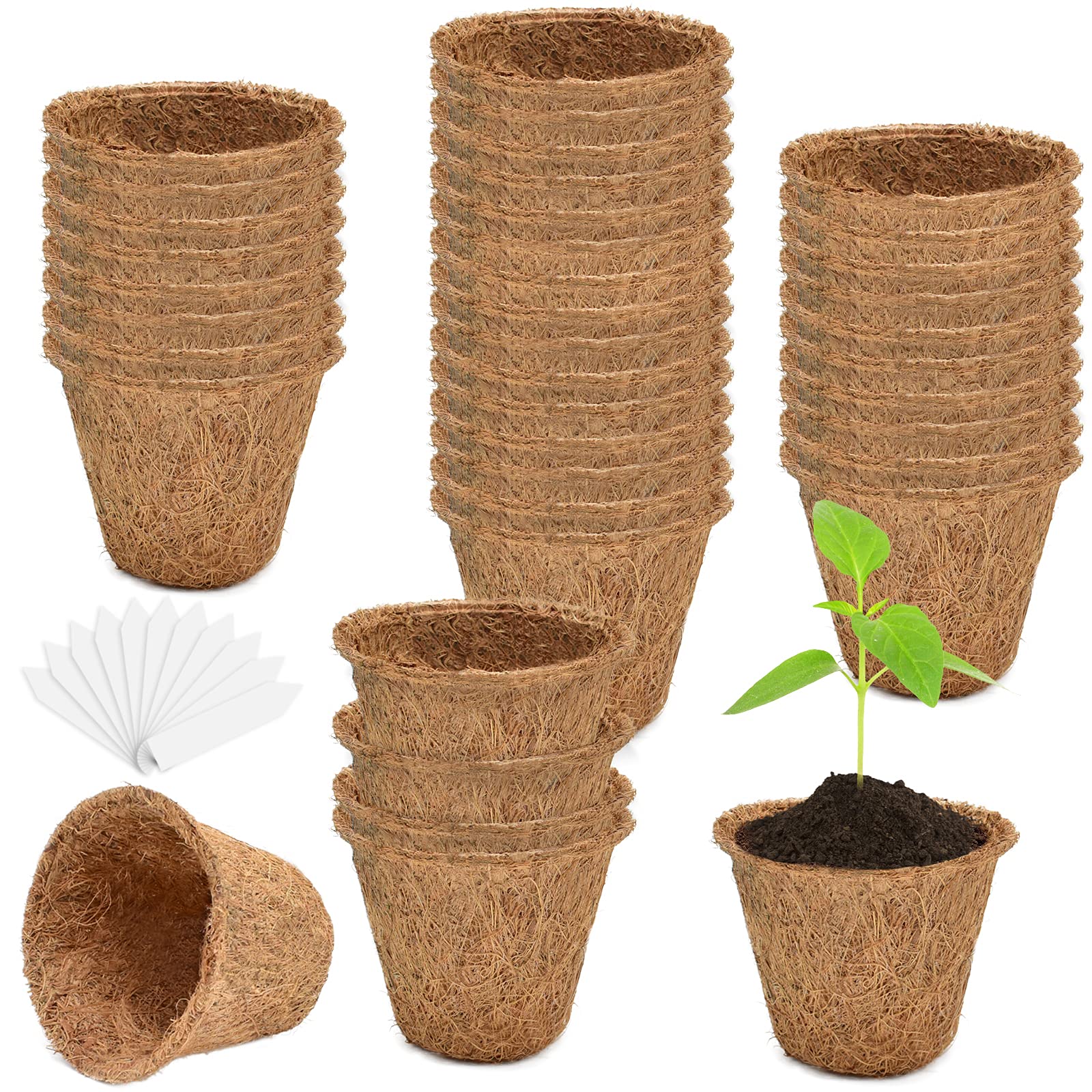 Halatool50 Pack Coco Coir Seed Starter Pots Biodegradable Garden Nursery Pots Eco-Friendly Seed Germination Kits with 100PCS Plant Labels for Indoor Outdoor Seedling Sprouting Transplant