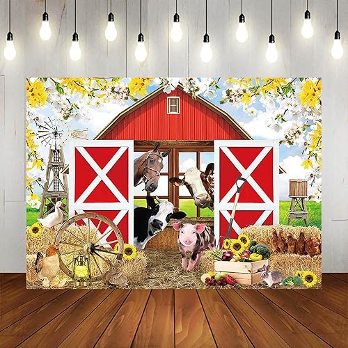 Miniatura 5 de Telón de fondo de fotografía de casa de granja de primavera de 7 x 5 pies, color rojo, rústico, granero, fondo de fiesta de cumpleaños para niños,