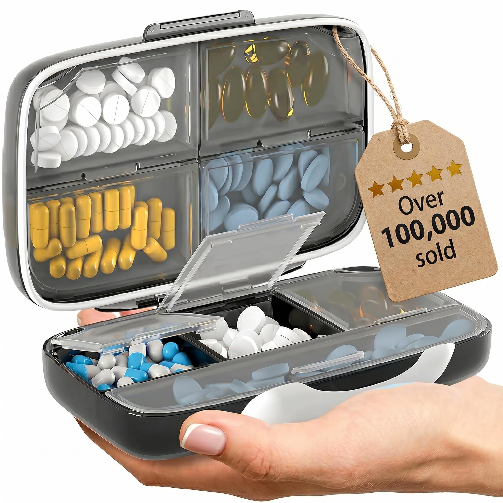 Pill Organizer Airtight Pill Box Large Pill Dispenser Home Travel Supplement Holder Portable Vitamin Sorter Jumbo Size 8 Compartment Airtight Vitamin Container Daily Medicine-image-37