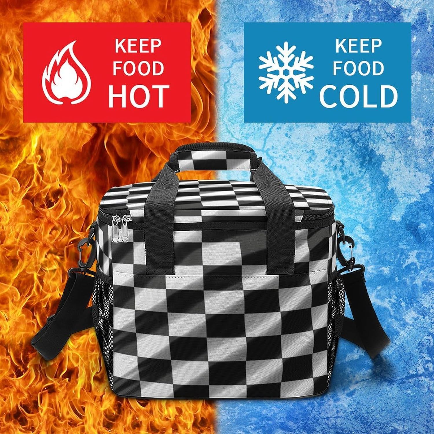 Black White Race Checkered Flag Cooler Bag Portable Insulated Lunch Bags Leakproof Ice Chest Large Capacity Soft Cooler Tote for Picnic Camping Work Travel Keep Food Drinks Fresh 22.5L