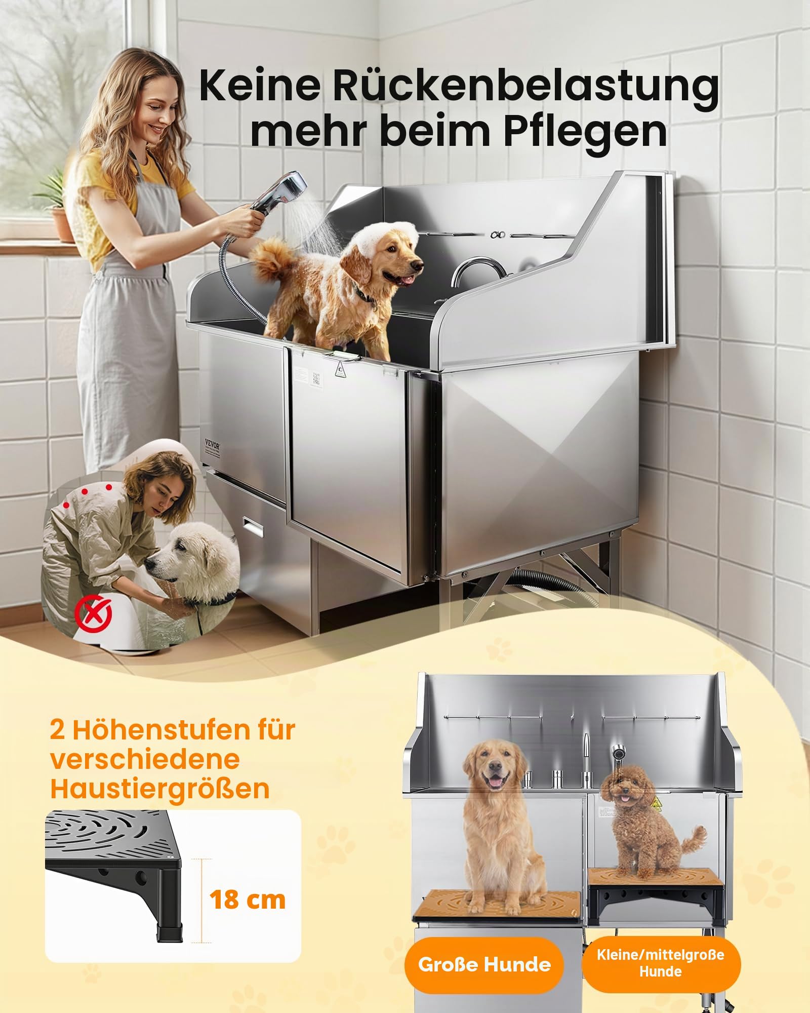 VEVOR Hundewaschstation aus Edelstahl, 1275x795x1435 mm Tierpflegewanne mit Rampe, Wasserhahn, Duschkopf, Hundebadewanne mit Leine für große, mittelgroße und kleine Haustiere (rechte Tür)
