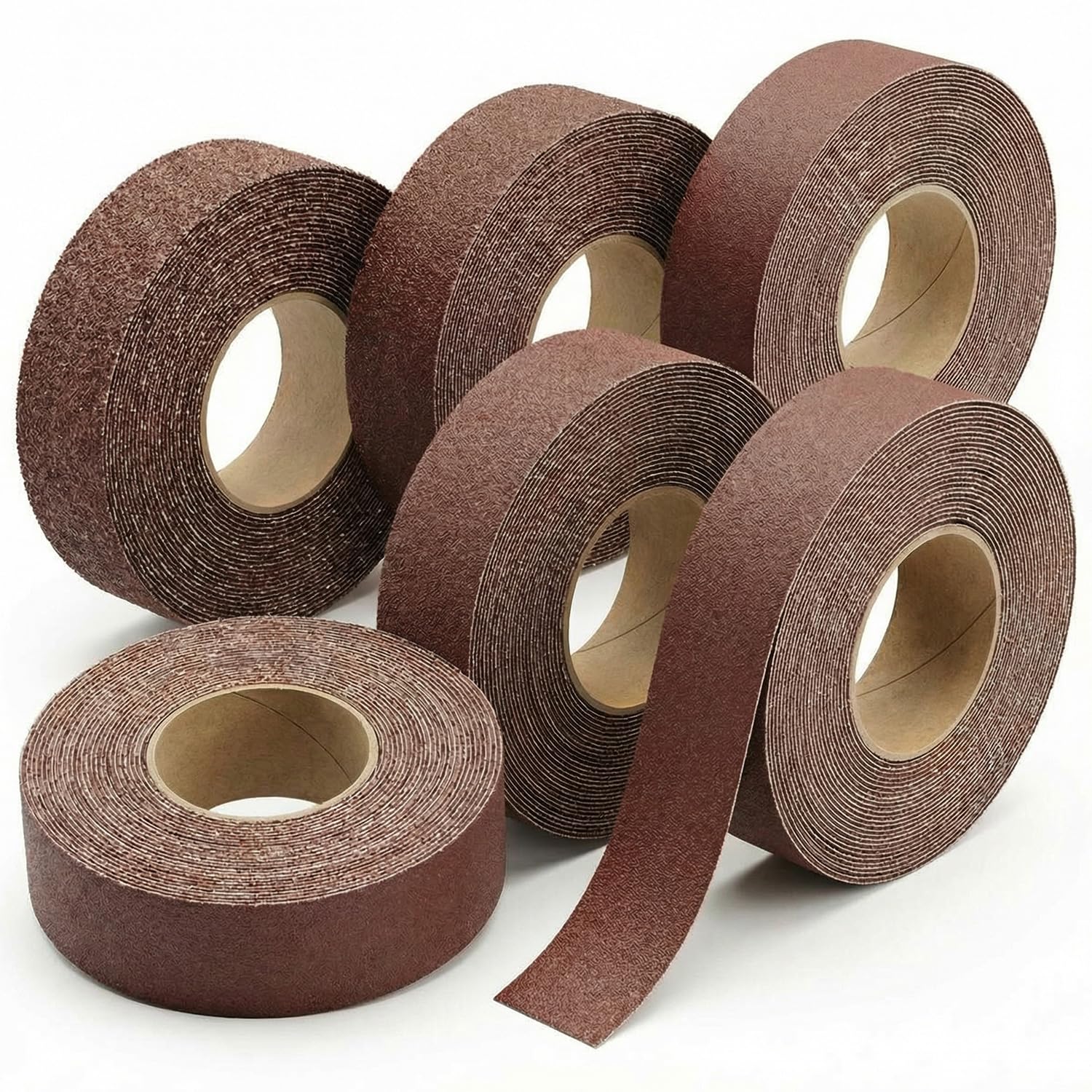 QWORK® Lot de 6 rouleaux de papier abrasif 2.5 cm x 8 m (grains 80/150/240/320/400/600), idéal pour le polissage du métal, du verre et du bois, avec boîte distributrice.