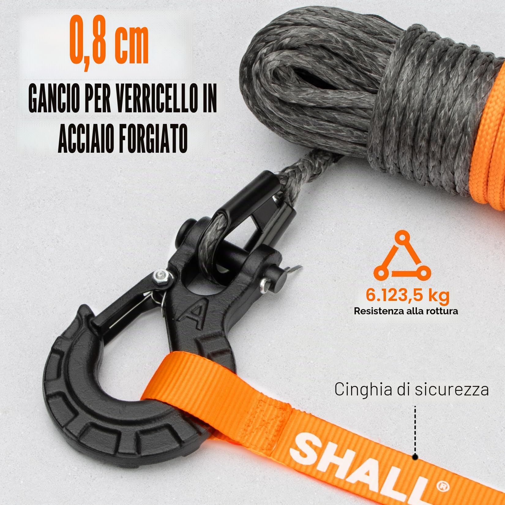 SHALL Cinghie e corde di traino, Corda sintetica per verricello lunga 1/4" X 50 ft (7,6 mm X 15 m), 5 ton (10.000 lb), con copertura protettiva, gancio per verricello forgiato e cinghia di sicurezza