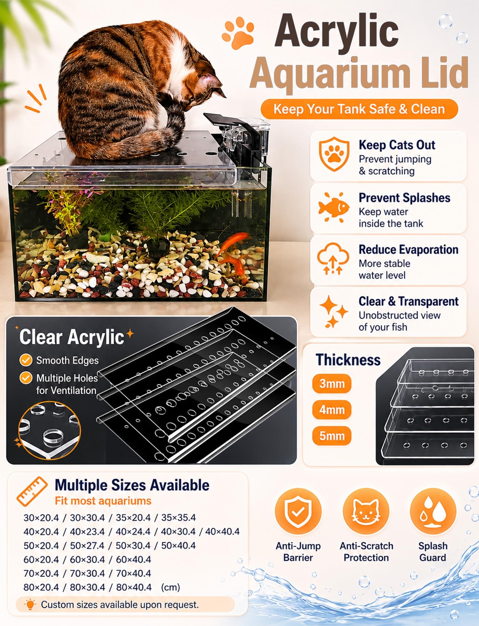 Generico Coperchio for Acquario in Acrilico Trasparente, Coperchio Scorrevole for Acquario con Fori di Ventilazione, paraspruzzi Anti-Salto a Prova di Gatto(3 mm,80x40.4cm/31.5x15.9 in)