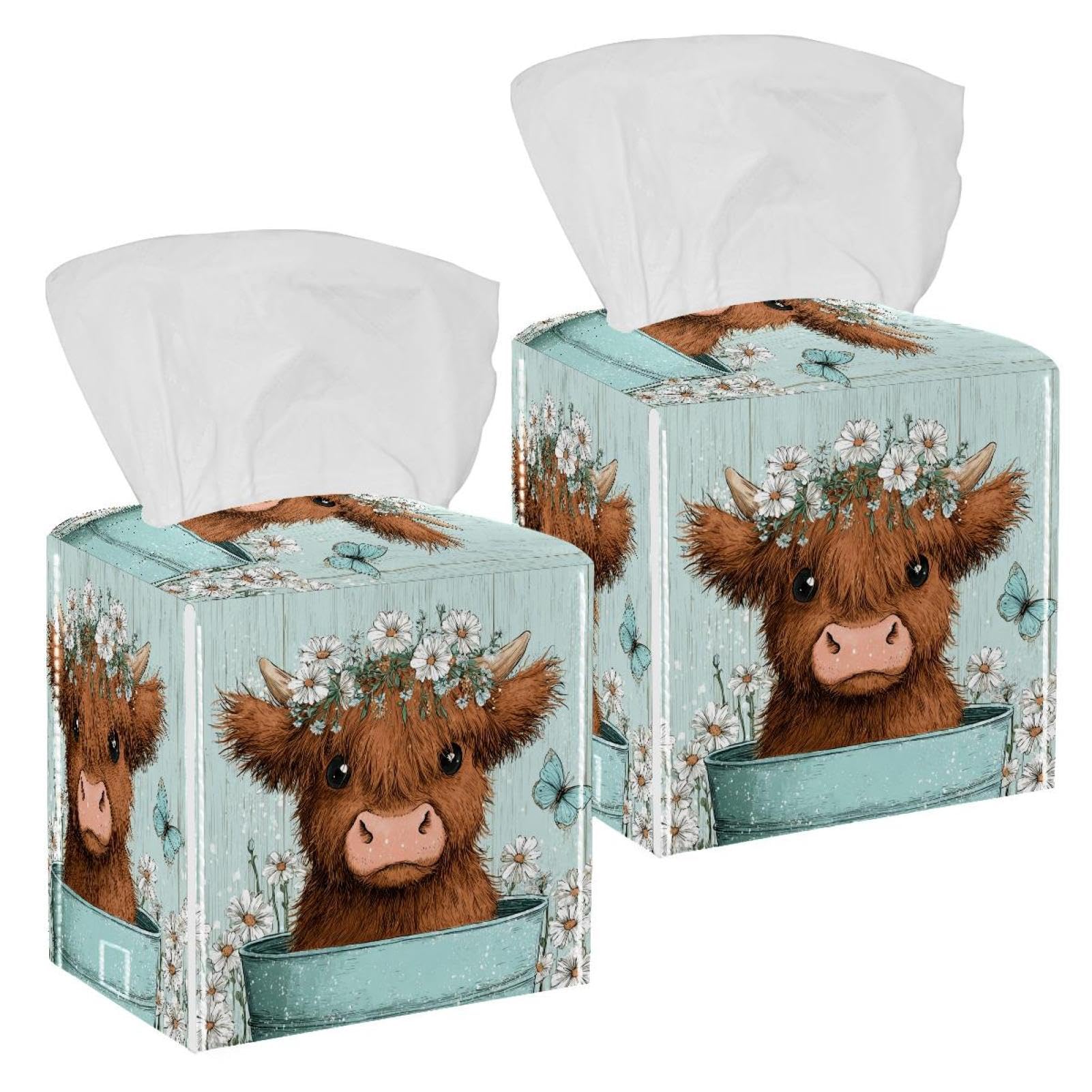 Highland cow Tissue Box Cover, 2 Pack PU Leather Square Facial Tissue Dispenser Box holder for Home Office Car