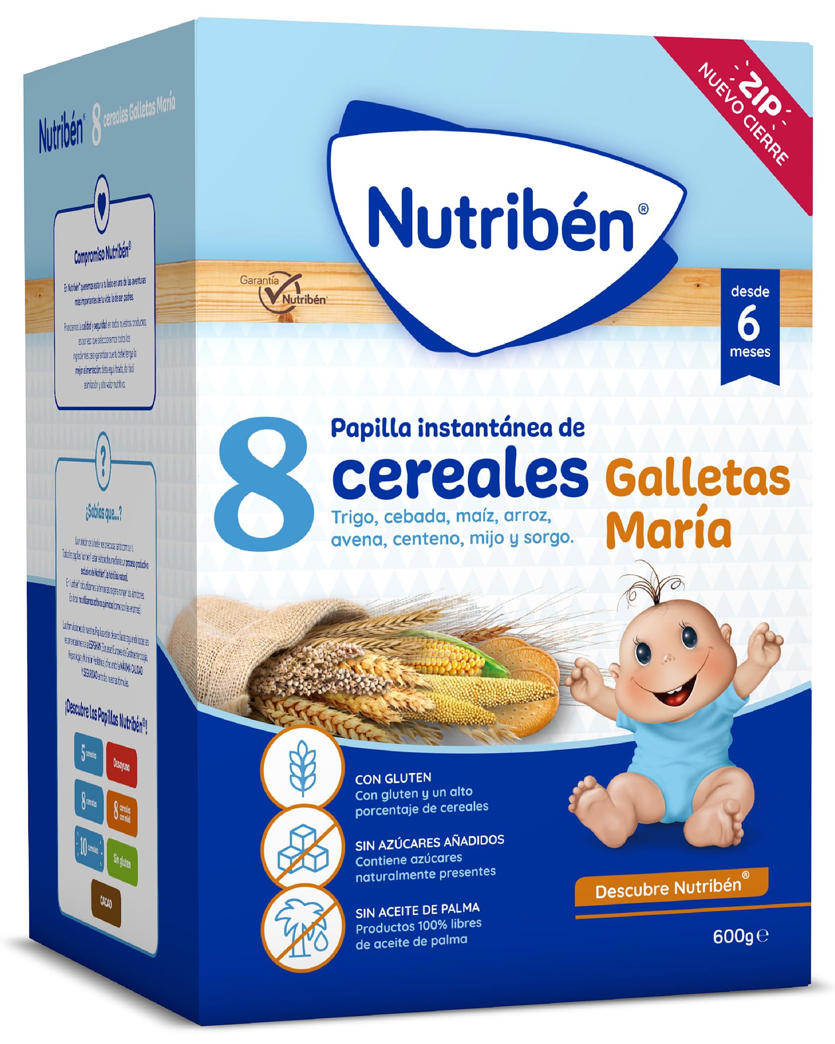 Nutriben Papillas Variadas (8 Cereales, 8 Cereales Galleta María, 8 Cereales Miel Galleta María + 10 Cereales), 3600g, Alimento para Bebés a partir de 6 meses. Sin aceite de palma, Pack de 6 x 600g