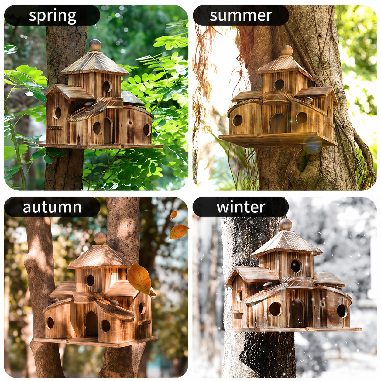 Casa para pájaros y comedero para pájaros 2 en 1. Casa para pájaros para exteriores, casa de colibrí con 6 agujeros, cardenales de pinzón azul para colgar casa de pájaros grande, caja de anidación