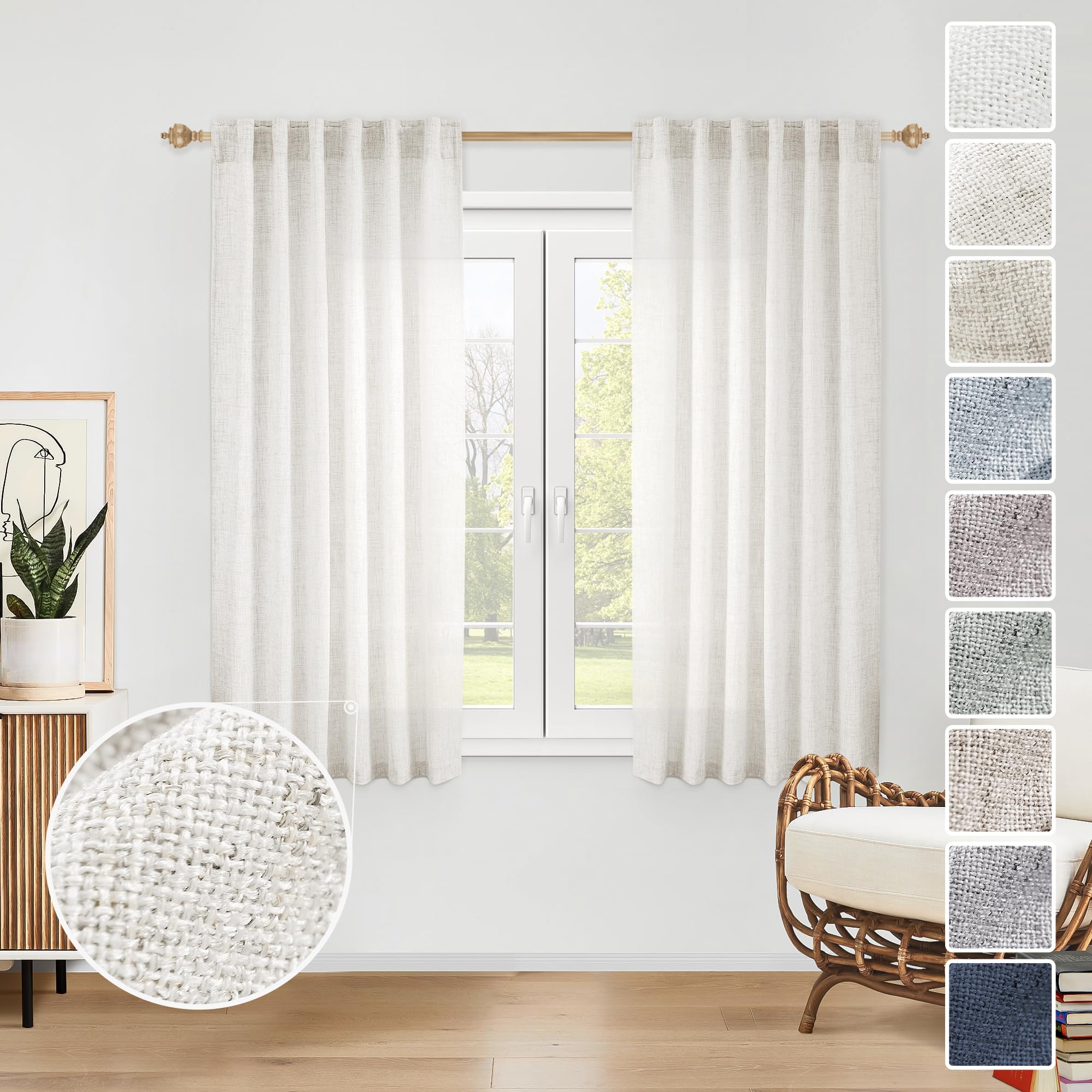 Ivory Kitchen Curtains 45 Inch Length 2 Panels Rod Pocket Back Tab Light Filtering Semi Sheer Cafe Tiers Short Farmhouse Linen for Living Room Bathroom RV, 50" W x 45" L