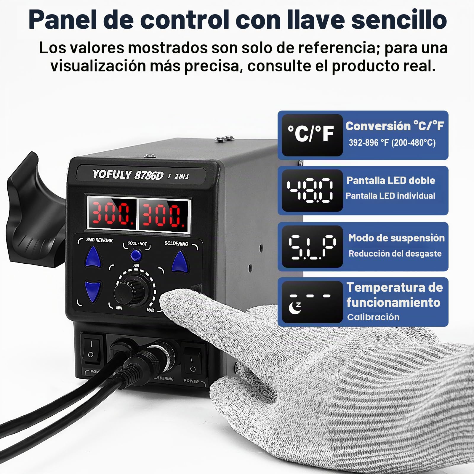 Yofuly 750W Estación de Soldadura, 2 EN 1 Soldadura y Retrabajo de Aire Caliente SMD 8786D Soldering Station Soldador de Estaño Profesional Ajustable 392°F-896°F (EU)