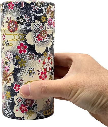 Miniatura 3 de Tarro de té japonés Hanatsudumi (tambor de flores) azul oscuro, doble tapa, papel washi japonés, capacidad de té de 7.05oz, contenedor de