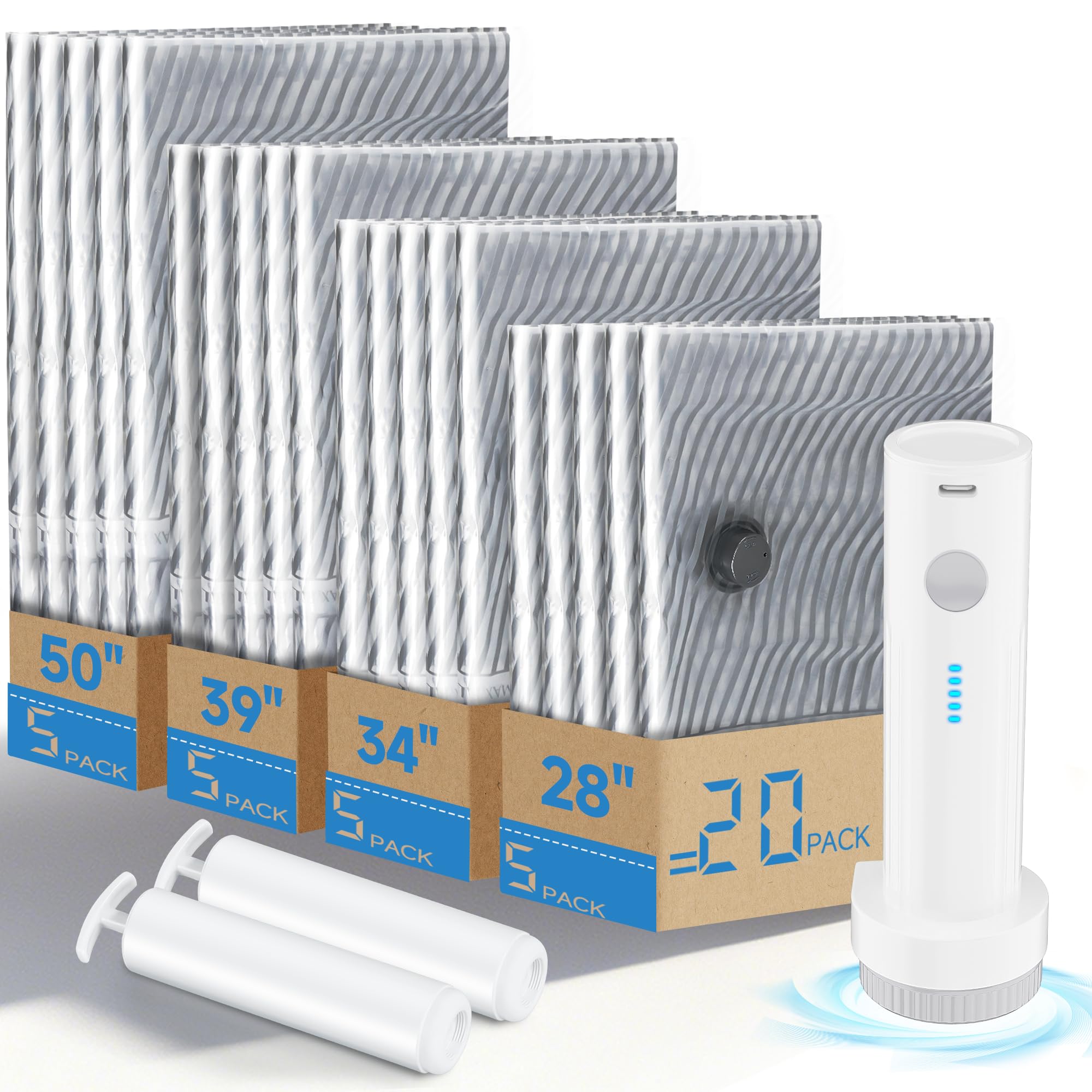 Vakuumbeutel für Kleidung mit elektrischer Luftpumpe, platzsparend, Vakuum-Aufbewahrungsbeutel für Gepäck, Reisen, Decken, Kissen, Bettwäsche und Umzug, Handpumpe im Lieferumfang enthalten, 20 Stück