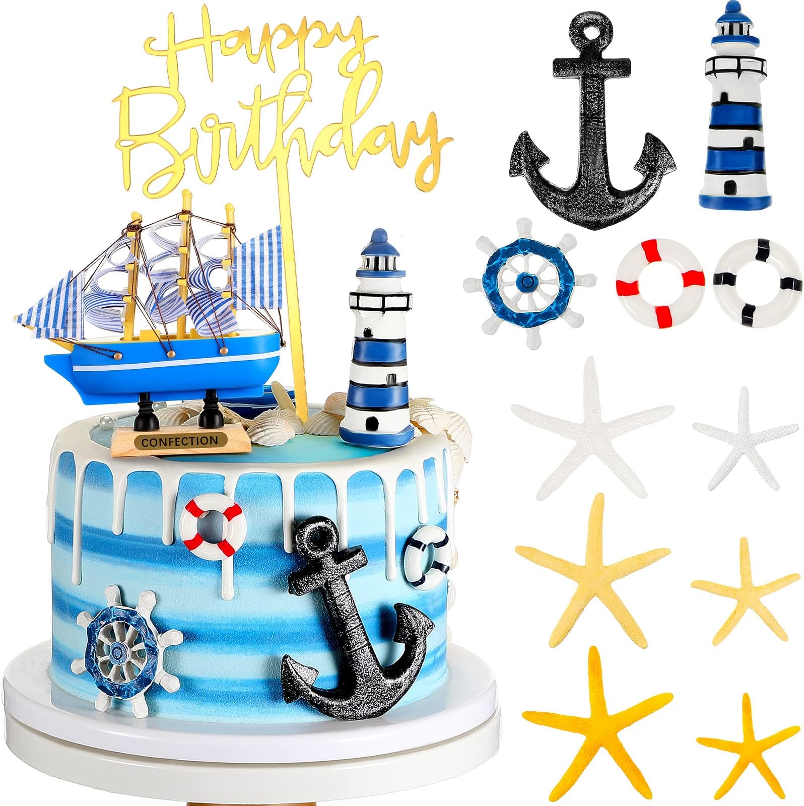 19 Pcs Nautical Cake Topper Pirate Cake Topper Ship Theme Nautical Cupcake Decorations for Birthday Wedding Summer Party Decor