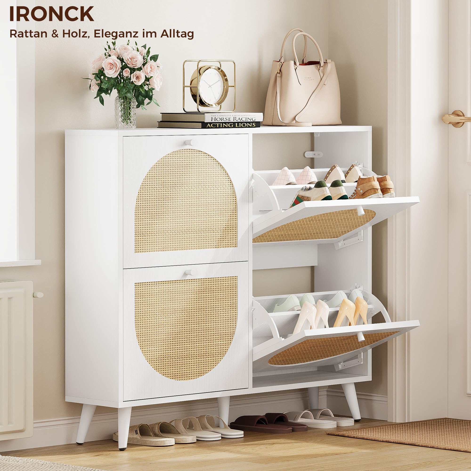 IRONCK Schuhschrank Rattan, schmal Schuhkipper mit 4 Klappen, Weiß | freistehende Schuhregal, Schuhkommode mit verstellbaren Trennwände Schuhablage Schrank für Flur Eingang, 100x24x95cm