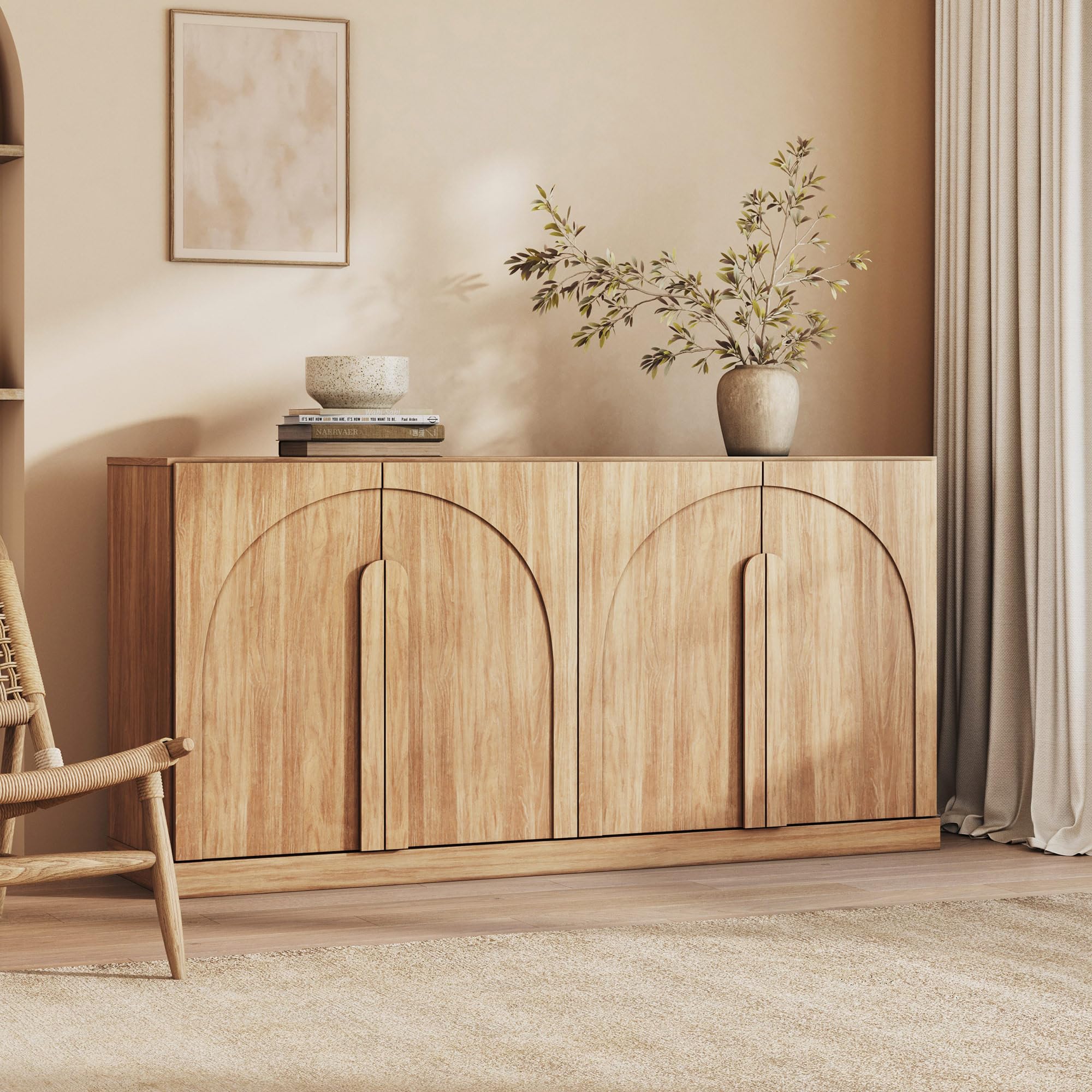 BELLEZE Bijou 64" Modern Buffet Sideboard, Mid-Century Arch Carved Wood Door Cabinet, Textured Storage Console for Living Room, Kitchen, Entryway - Camel