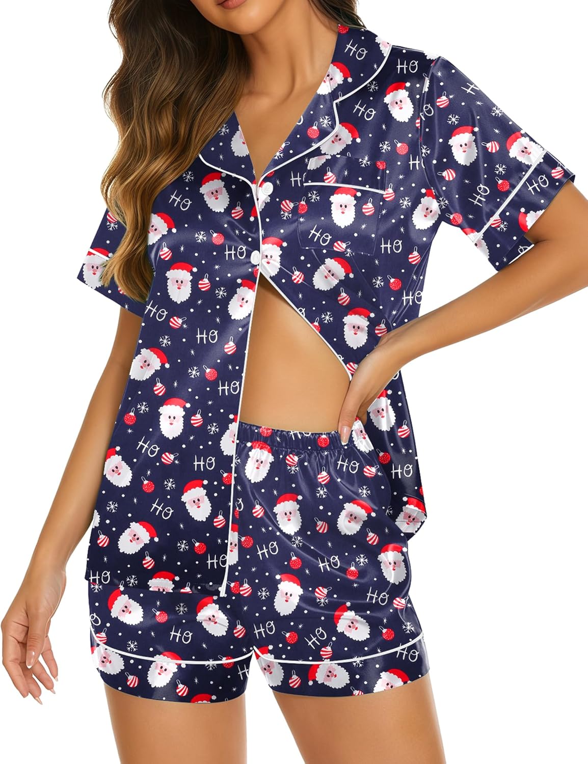 Ekouaer Silk Pajamas for Women Short Sleeve Sleepwear Soft Button Down Loungewear 2 Piece Satin Pjs Shorts Set