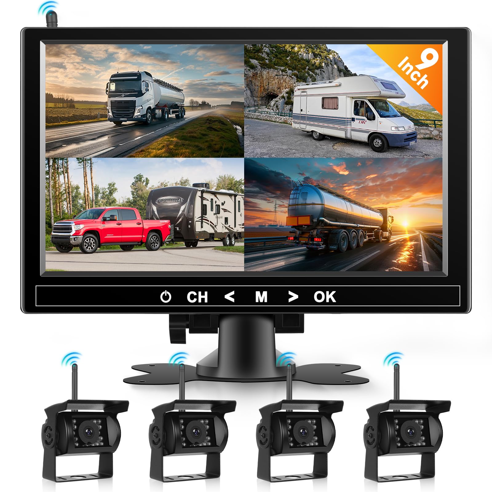 Hodozzy Cámara de Marcha Atrás Inalámbrica 4 Cámaras 9 Pulgadas Monitor Cámara Trasera Inalambrica, 18 IR Visión Nocturna Impermeable 12V-36V para Remolques, Autocaravanas, Camiones, Furgoneta