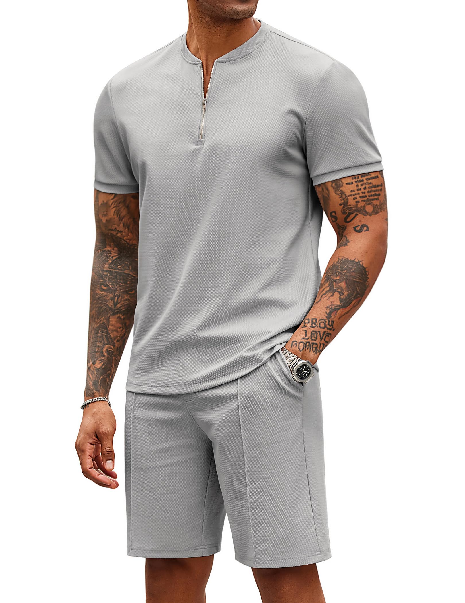 COOFANDY Tuta da uomo 2 pezzi casual polo con zip a un quarto e pantaloncini set atletico jogging estate tuta