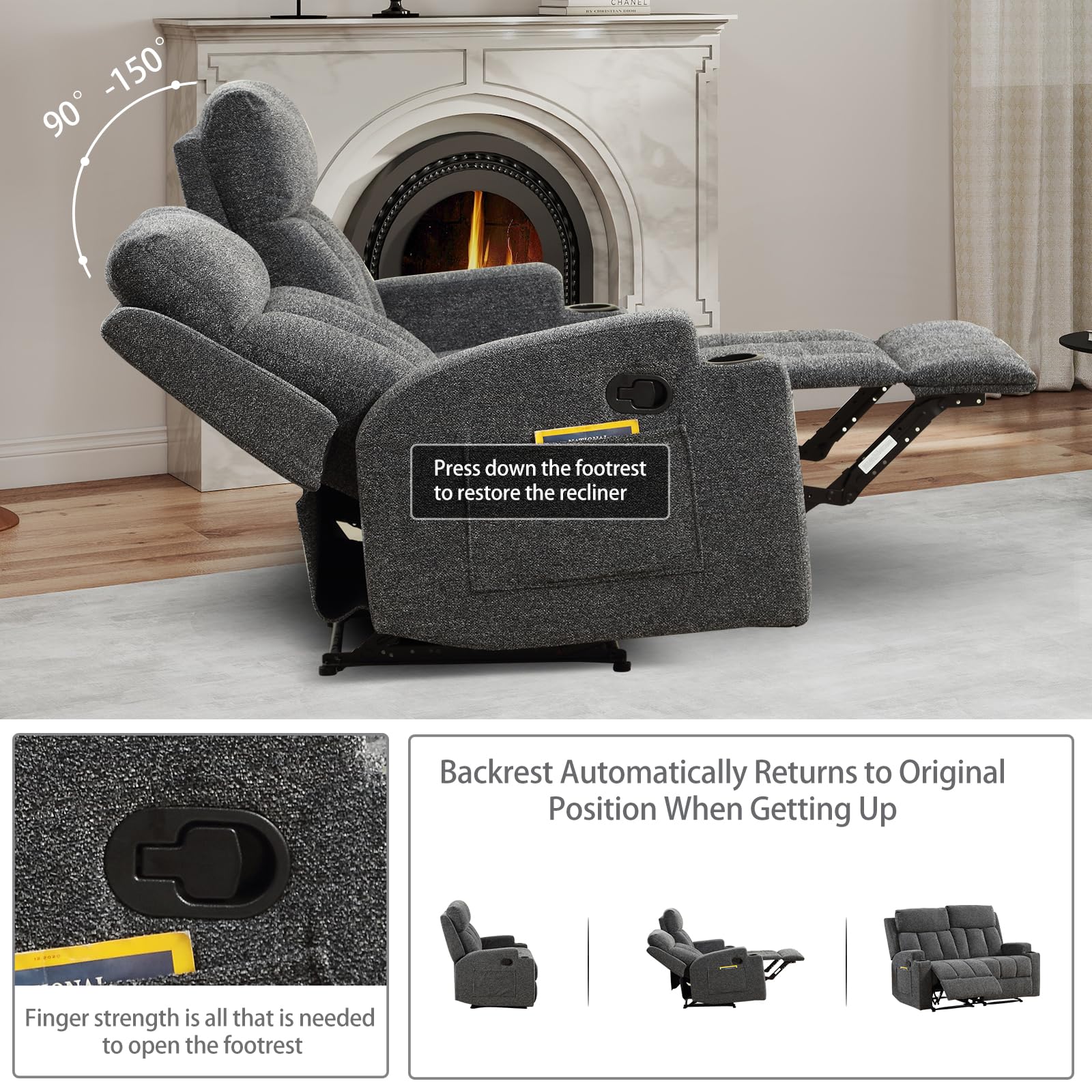 CANMOV Manual Loveseat Recliner, Soft Fabric 2-Seater Loveseat with Side Pocket & Cup Holders, Comfy Home Theater Sofa for Office & Living Room, Dark Grey view 4