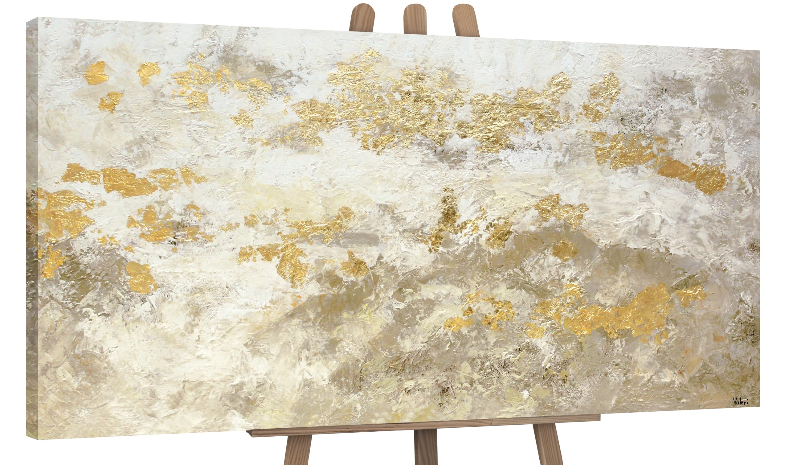 YS-Art Original Handmade Painting on Canvas – Neutral Abstract Texture in Beige, White Gold, Wall Decor for Living Room Office Interior 56x28 inch